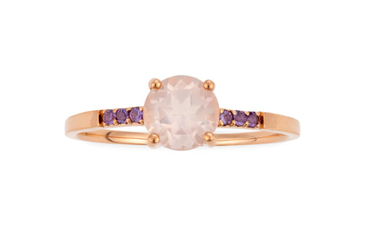 18 Carat pink gold ring with rose quartz and amethyst