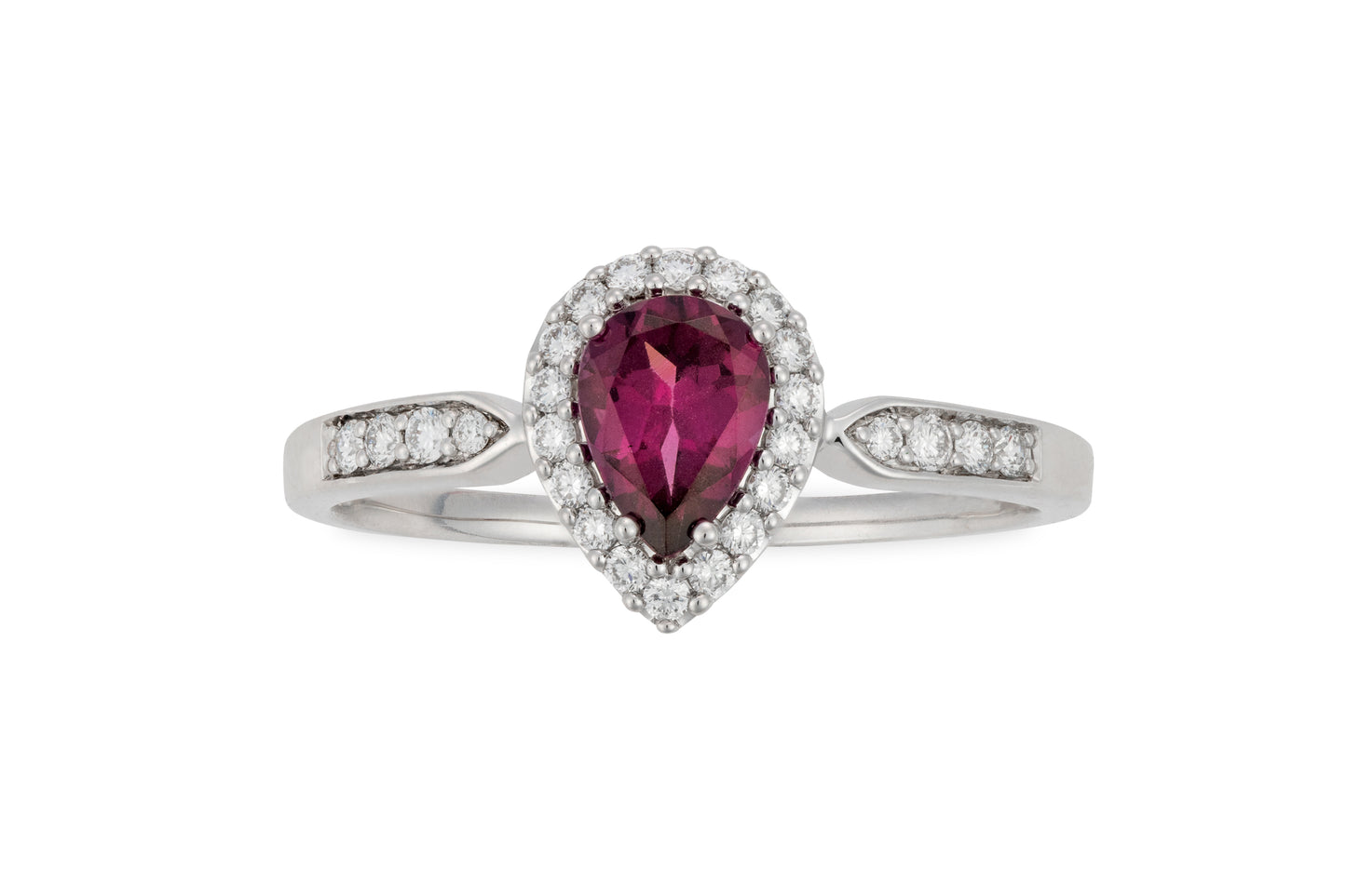 Bague en or blanc 18 carats avec pierre poire rhodolite