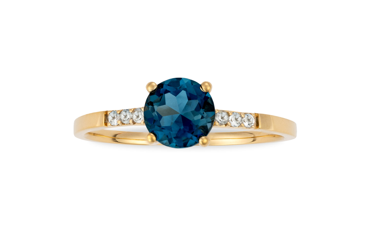 London Topaz ring with small light blue topaz surrounding the center.