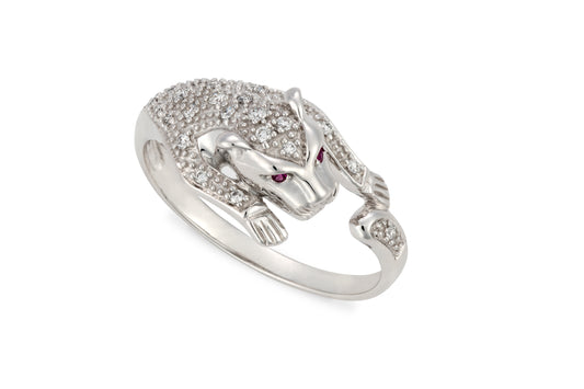 18 Carat white gold panther ring with ruby eyes