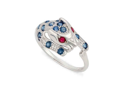 18 Carat white gold panther ring with sapphires