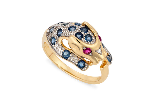 18 Carat yellow gold panther ring with sapphire