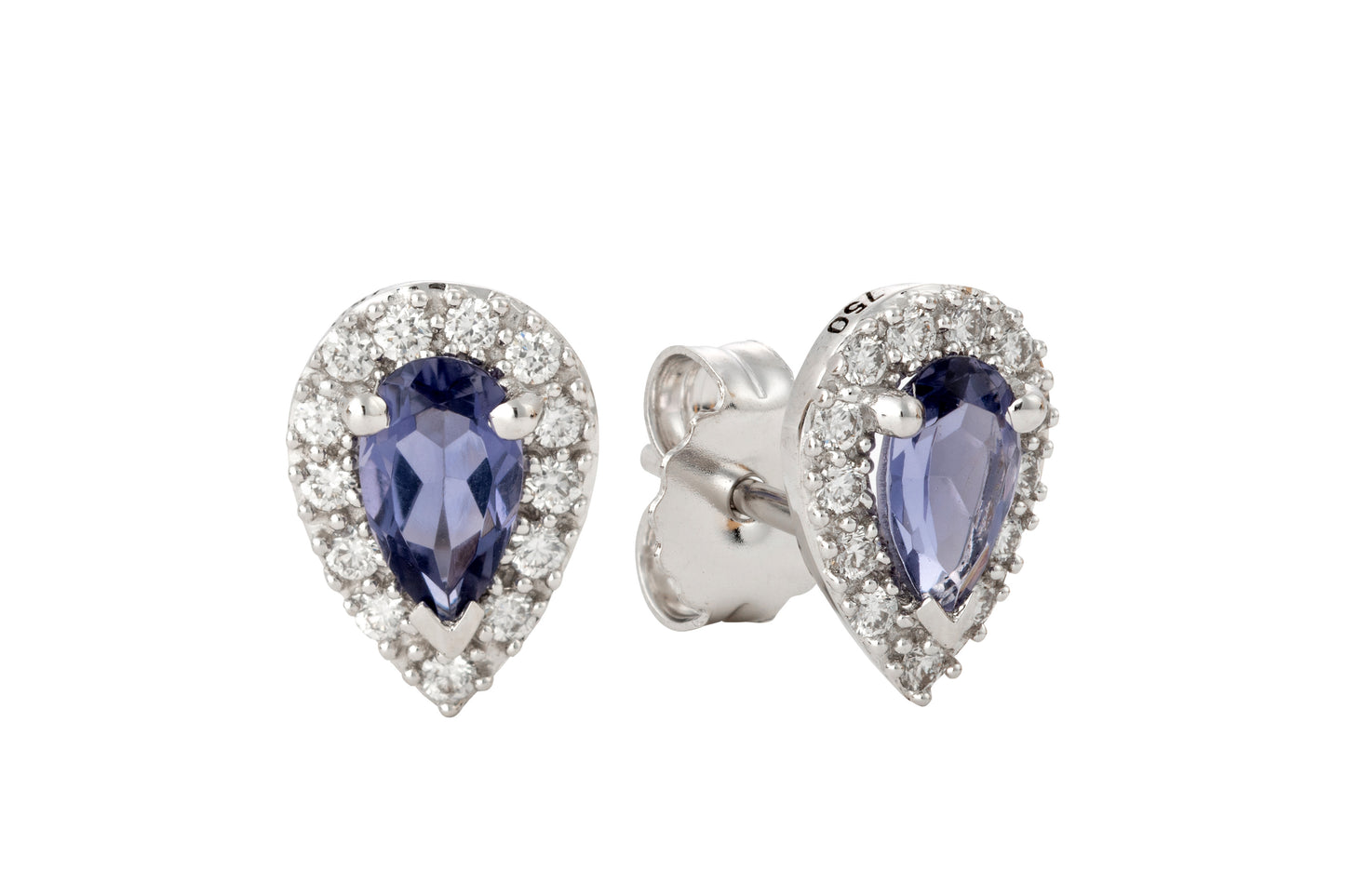 18 Carat white gold pear shaped earring with iolite gem pointing down